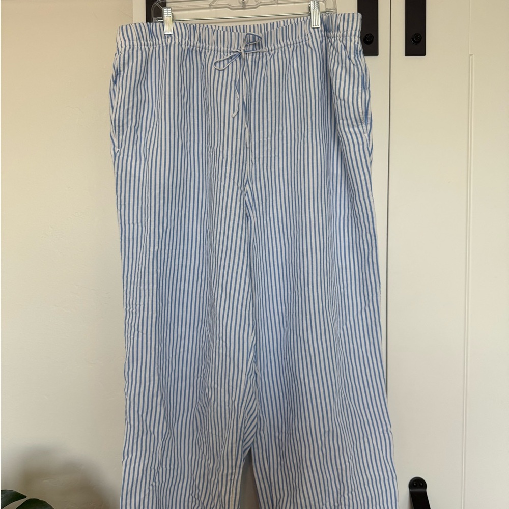 Blue and White Striped Wide Leg Linen Pants